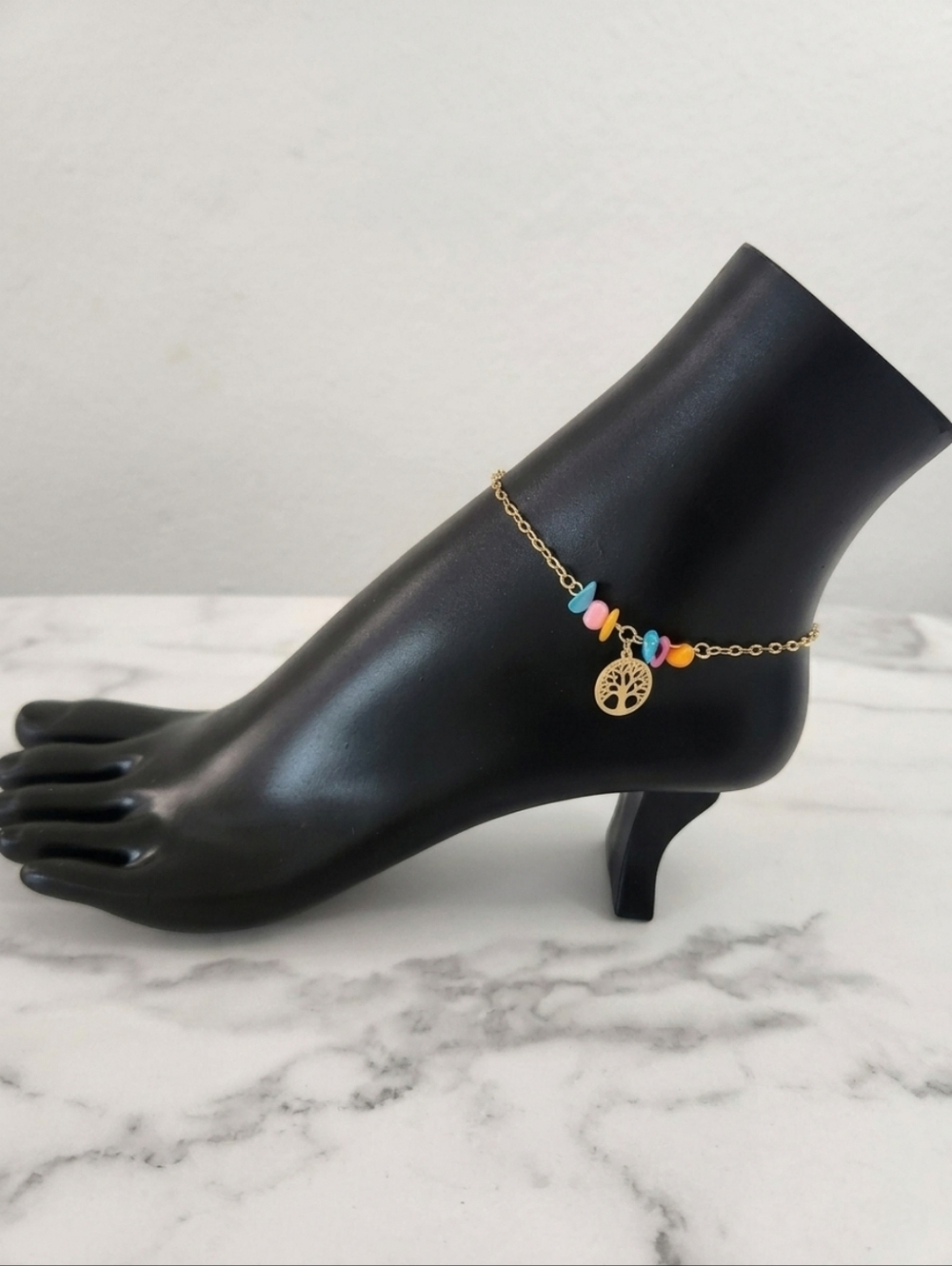 Gold Tree of Life Anklet Multicolor Beaded Ankle Bracelet 18K Summer Jewelry - Picture 3 of 13